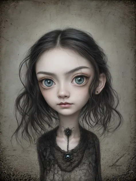 Un primer plano de una chica muy triste con el pelo largo (rubio) y los ojos grandes y azules, Anton Semenov, Mark Ryden muy detallado, Estilo Mark Ryden, Mark Ryden en el estilo de, Estilo de Mark Ryden, inspirado por Mark Ryden, Naoto Hattori, Adorable p...