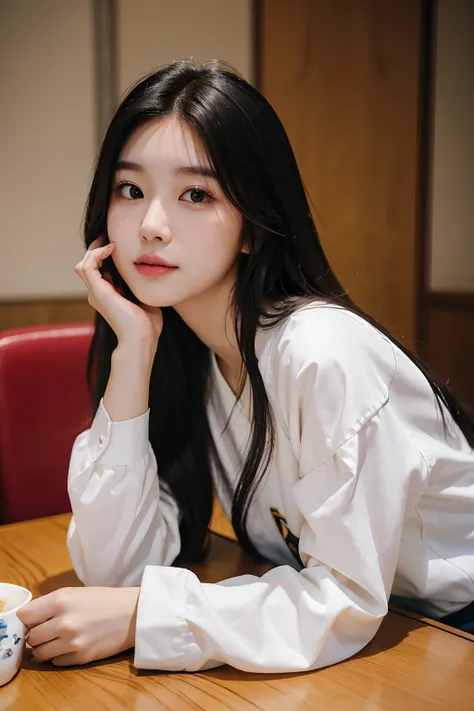 There is a woman with long hair sitting at a table, wan adorable korean face, shot with Nikon Z9, Young adorable Korean face, Portrait of female Korean idol, she has a cute expressive face, young cute wan asian face, captured on canon eos r 6, she has a cu...