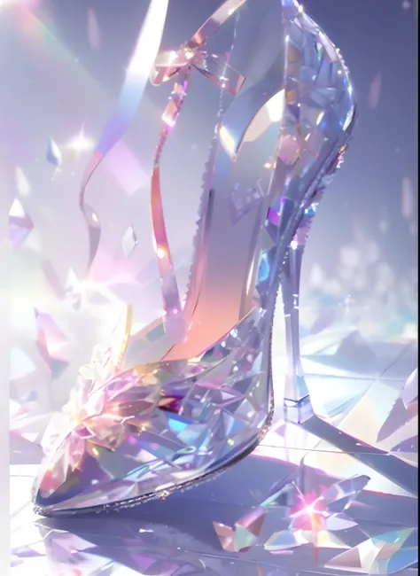 Close-up of a pair of heels on a shiny surface, crystallic, Cinderella, Crystalline!!, Crystal color, Made of crystal, Wallpaper phone, crystallic, High heels. anime style at pixiv, Pedras preciosas, crystal material, holograph!!!, big breasts beautiful, g...