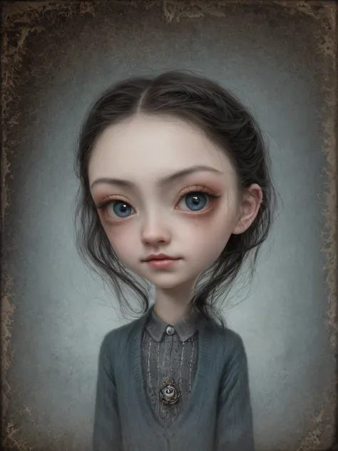 Un primer plano de una chica muy triste con el pelo largo (rubio) y los ojos grandes y azules, Anton Semenov, Mark Ryden muy detallado, Estilo Mark Ryden, Mark Ryden en el estilo de, Estilo de Mark Ryden, inspirado por Mark Ryden, Naoto Hattori, Adorable p...