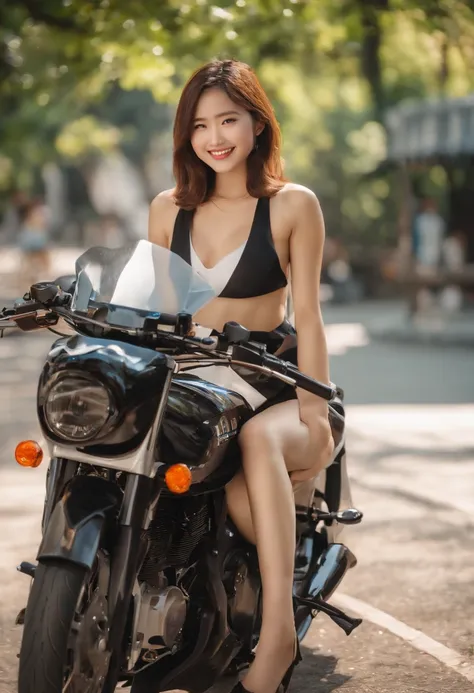 1 girl in,a japanese girl,a 18 year old girl,Very cute,(Effortless hands),(Brown eyes),(Smiling mouth),(Sexual exposure),(bangss),(Legs without straining),Sexy Suits,Straddling a motorcycle,during daytime,