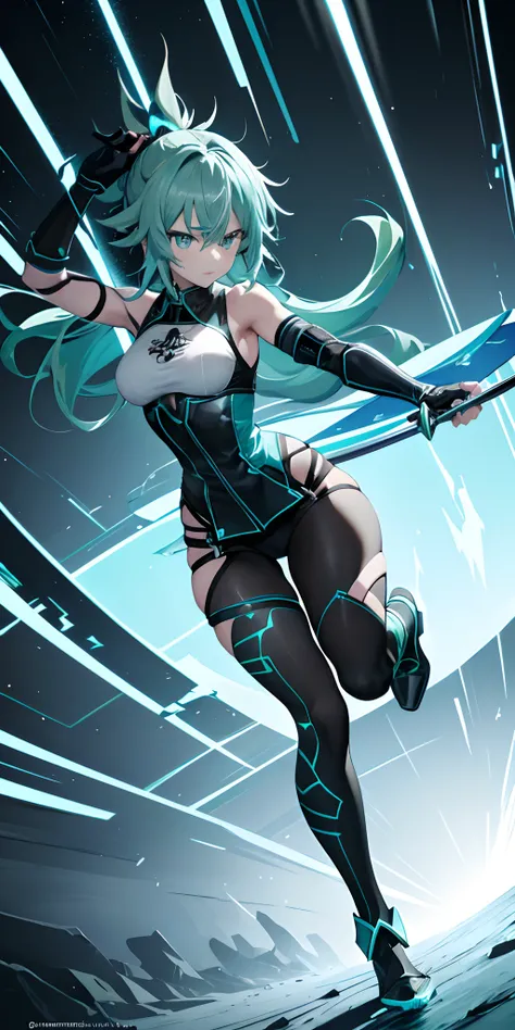 (beste-Qualit, tmasterpiece), 1girl, Sinon Asada from Masters of the Sword Onlinein the style of a Mortal Kombat character Full Body with Blue Hair 4k