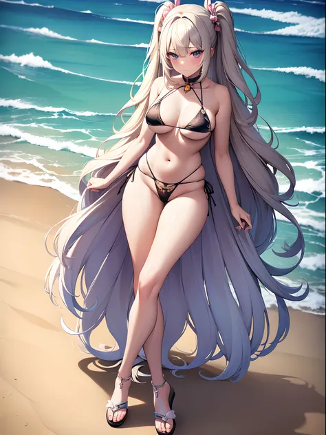 ((Best Quality)), (ultra-detailliert), ((Extremely detailed)), (Beautiful), ((Kawaii Girl)),(two side up hair)、((masutepiece)),Platinum Blonde Hair,Long hair, hair between eye, Wavy Hair, Long sideburns,Jade colored eyes, White skin,Normal Chest,Slender bo...