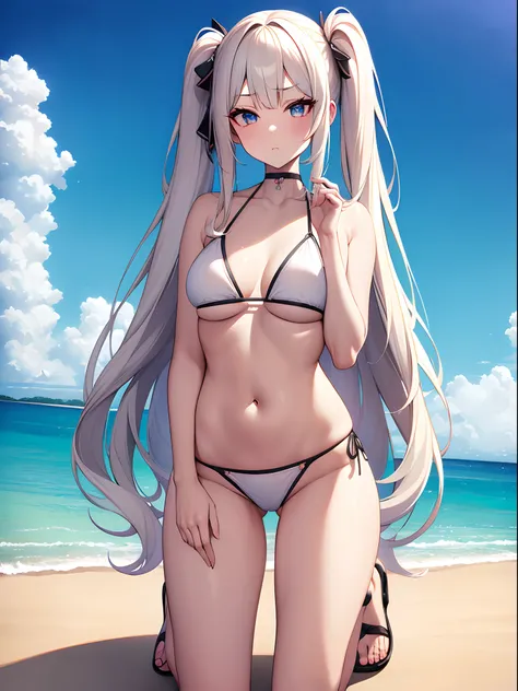 ((Best Quality)), (ultra-detailliert), ((Extremely detailed)), (Beautiful), ((Kawaii Girl)),(two side up hair)、((masutepiece)),Platinum Blonde Hair,Long hair, hair between eye, Wavy Hair, Long sideburns,Jade colored eyes, White skin,Normal Chest,Slender bo...