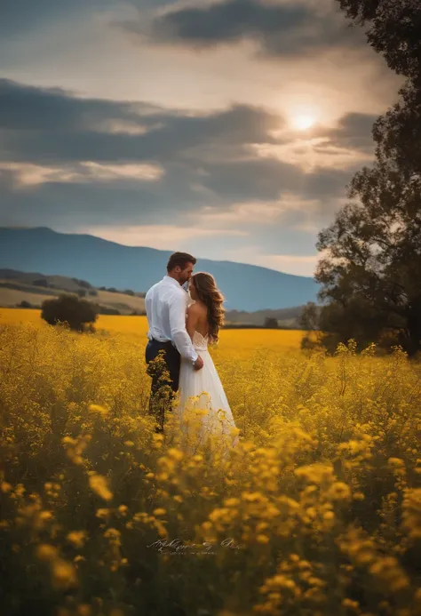 Casal de apicultores、Abelhas voam、Flores de colza、sky-blue、Rustic，high-definition detail、luz suave、Fotoreal