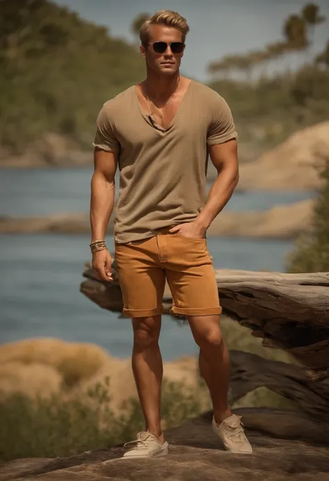 Make the blond man wear a tight pair of ragged, tan cutoff corduroy shorts.