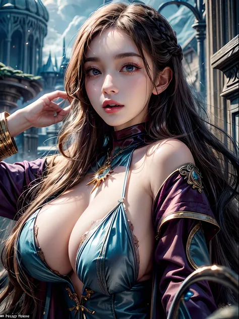 ((Make your boobs even bigger))), Set the background to a fantasy world, Make your hair super long with waves, Holding a wizards wand on the left, Change into a wizards uniform