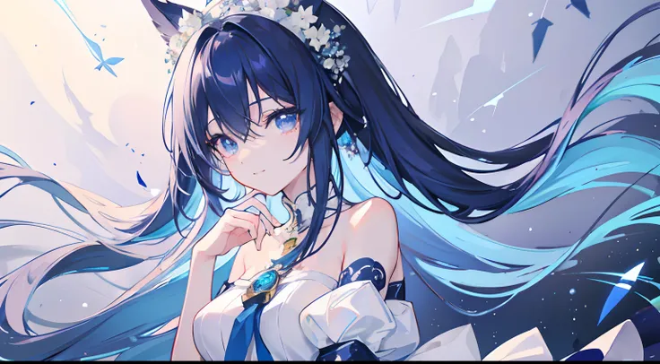 blue-sky　Sapphire Accessories　(Long navy blue hair)　female high-school student　White ribbon on hair　a smile　The whole body is reflected　Black knee socks　spreading hands　Anime Pictures　Girl Flying in the Sky　(​masterpiece:1.2)、top-quality、hight resolution、u...