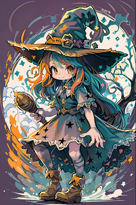 Charming Halloween 12 year old witch, Cartoon style, 2D, planar vector, Character Design, T-shirt design, Colorful splashes, Vector art, Fantasy Art, Watercolor effect,Digital Painting, white bg, 8K