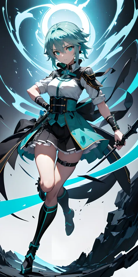 (beste-Qualit, tmasterpiece), 1girl, Sinon Asada from Masters of the Sword Onlinein the style of a Mortal Kombat character Full Body with Blue Hair 4k