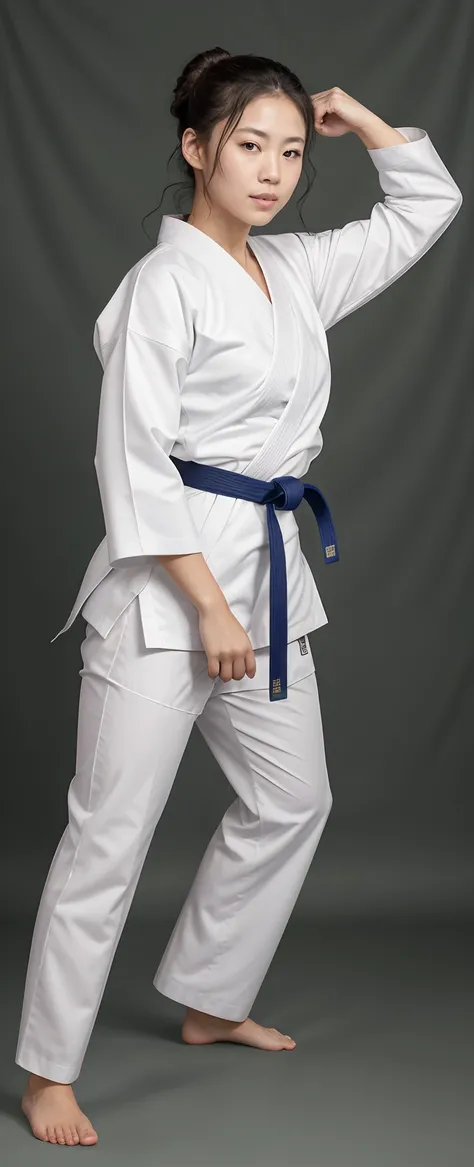 arafed woman in white kimono standing in front of a green screen, karate outfit, wearing a white gi, karate, white belt, karate pose, white uniform, karate kick, inspired by Gatōken Shunshi, full body close-up shot, medium close - up, medium close-up, insp...