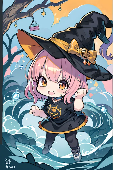 Charming Halloween 8 year old witch, Random coloring,2D, planar vector, T-shirt design, Colorful splashes, Fantasy Art, Watercolor effect,Digital Painting, white bg, 8K、Chibi