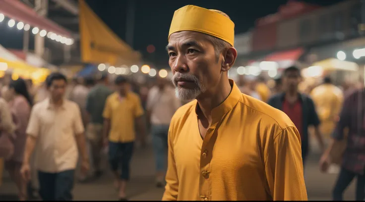 Malay man in yellow traditional malay attire walking in crowded night market, 28mm lense, Establishing shot, muted color grading, cinemascope, thriller, high quality, ultra detailed, 8k resolution,