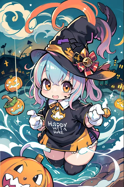 Charming Halloween 8 year old witch, Random coloring,2D, planar vector, T-shirt design, Colorful splashes, Fantasy Art, Watercolor effect,Digital Painting, white bg, 8K、Chibi