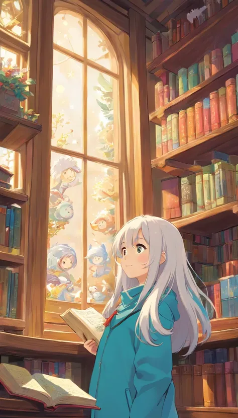 heal，Reject EMO，Very happy，Very happy，Face life with a smile，rays of sunshine，long whitr hair，down jacket，Cloud commissary，Cloud pillows，It was snowing outside the window，Oversized floor-to-ceiling windows，snowflower，looking at book