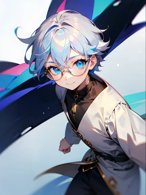 (Male child, eye glasses,blue eyess，A smile, silber hair)，独奏、Iridescent background、Leader Model Pose