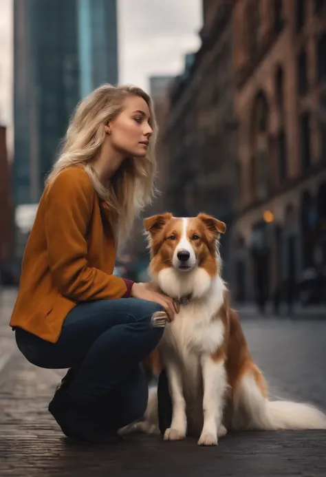 Photorealistic of a blonde young woman, 19 year old, with a female Border Collie on her side in the city