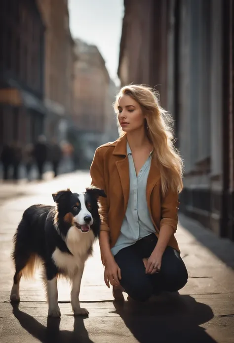 Photorealistic of a blonde young woman, 19 year old, with a female Border Collie on her side in the city