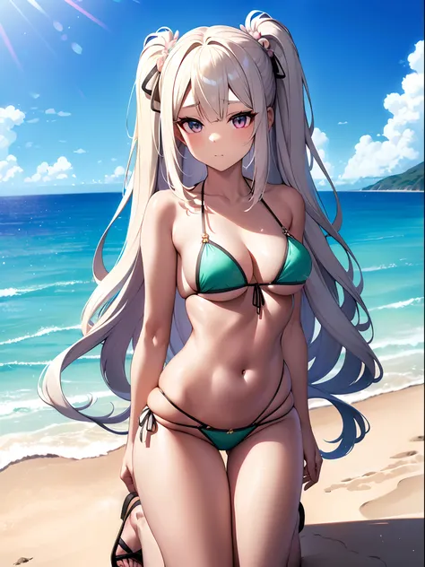 ((Best Quality)), (ultra-detailliert), ((Extremely detailed)), (Beautiful), ((Kawaii Girl)),(two side up hair)、((masutepiece)),Platinum Blonde Hair,Long hair, hair between eye, Wavy Hair, Long sideburns,Jade colored eyes, White skin,Normal Chest,Slender bo...