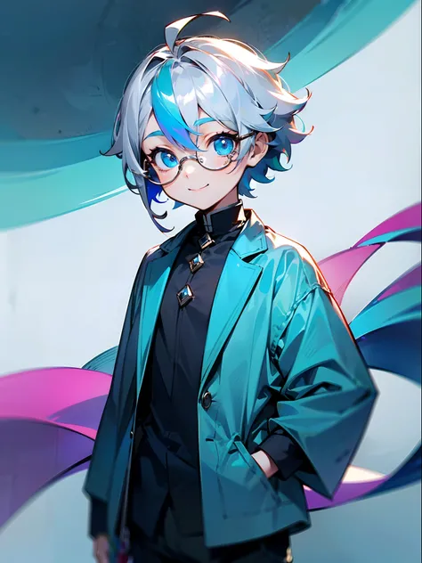 (Male child, eye glasses,blue eyess，A smile, silber hair)，独奏、Iridescent background、Leader Model Pose