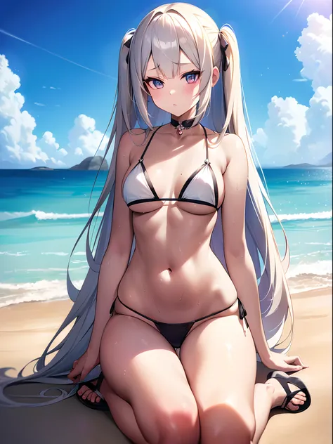 ((Best Quality)), (ultra-detailliert), ((Extremely detailed)), (Beautiful), ((Kawaii Girl)),(two side up hair)、((masutepiece)),Platinum Blonde Hair,Long hair, hair between eye, Wavy Hair, Long sideburns,Jade colored eyes, White skin,Normal Chest,Slender bo...