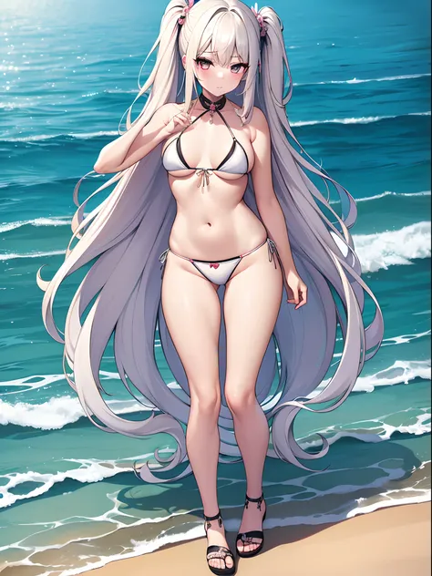 ((Best Quality)), (ultra-detailliert), ((Extremely detailed)), (Beautiful), ((Kawaii Girl)),(two side up hair)、((masutepiece)),Platinum Blonde Hair,Long hair, hair between eye, Wavy Hair, Long sideburns,Jade colored eyes, White skin,Normal Chest,Slender bo...