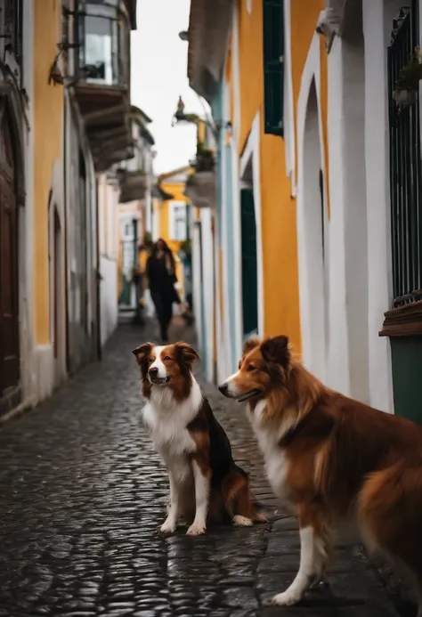 Fotorrealista de uma jovem morena, 39 anos, with a female Border Collie by her side in the city of Ponta Delgada