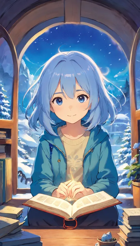 heal，Reject EMO，Very happy，Very happy，Face life with a smile，rays of sunshine，long whitr hair，down jacket，Cloud commissary，Cloud pillows，It was snowing outside the window，Oversized floor-to-ceiling windows，snowflower，looking at book，Small blue flower