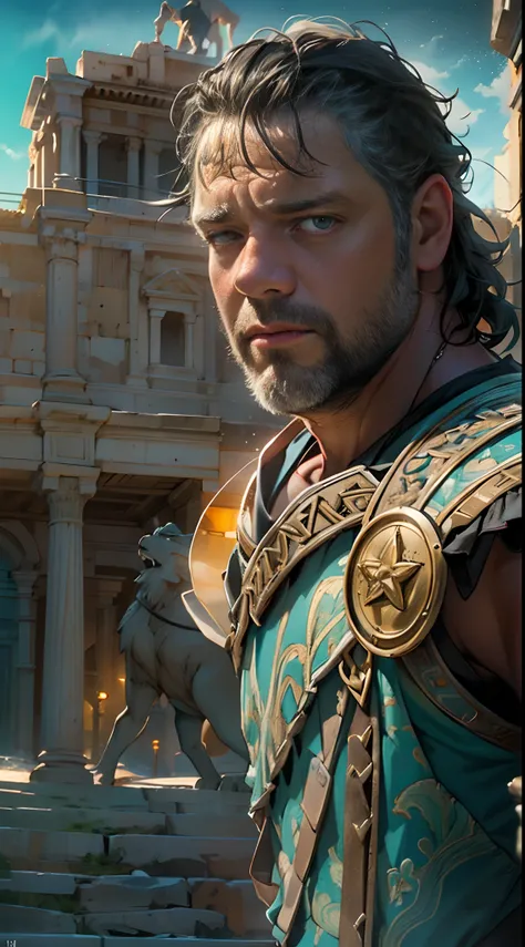 Colosseum, Russell Crowe（Russell Ella Crowe）Played by Maximus（gladiator），Short dark brown hair，Small waves，Fight the lions，wounded,dynamicposes，Meticulous muscle definition, Realistic depiction, 4K quality. Background: Ancient Roman Colosseum,32k ULTRAHD, ...