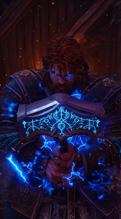 a close up of a person holding a sword in a dark room, with glowing runes on the body, from warcraft, glowing line cracks in armor, holding a pair of fans. unreal 5, insanly detailed, glowing lights in armor, from vermintide 2 video game, detailed textures...