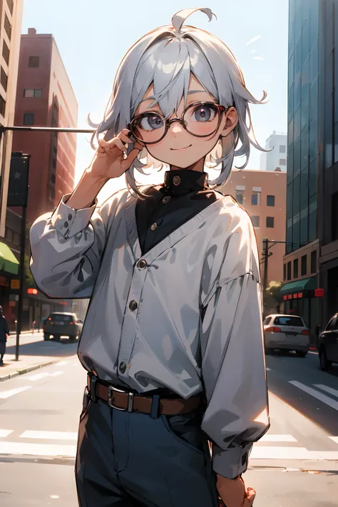 (morning), Male child, eye glasses，Soio, Look at the viewer,, Cowboy Shots, (down town),  A smile, silber hair