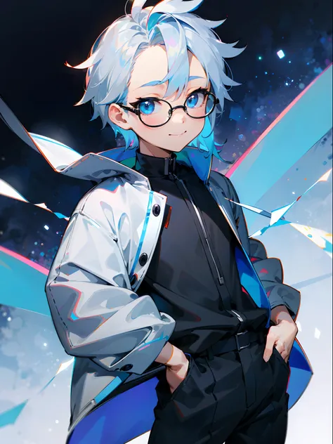 (Male child、Black glasses、blue eyess、 silber hair、A smile、a cool)，独奏，cowboy  shot，Iridescent background