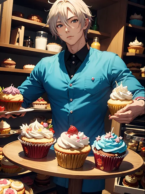 anime man, eats beautiful and delicious cupcakes