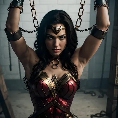 wonder woman being tied up with chains. she should be depicted as struggling, but ultimately unable to escape. the chains should...