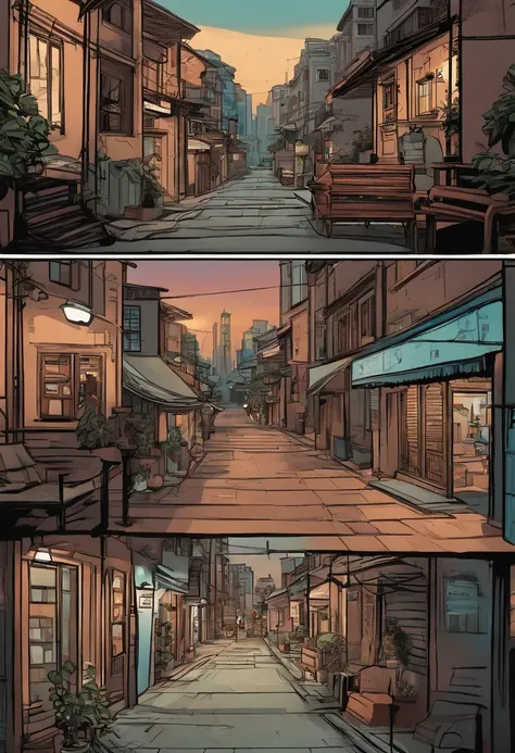 comic strip，Hong Kong comic book style，Fengyun comic style，（（（Comic storyboard））），A few pedestrians scattered，There are few people，early evening，eventide，The narrow streets of the town，starrysky，vibrant with colors，super-fine，Smooth lines，high qulity，8K，tm...