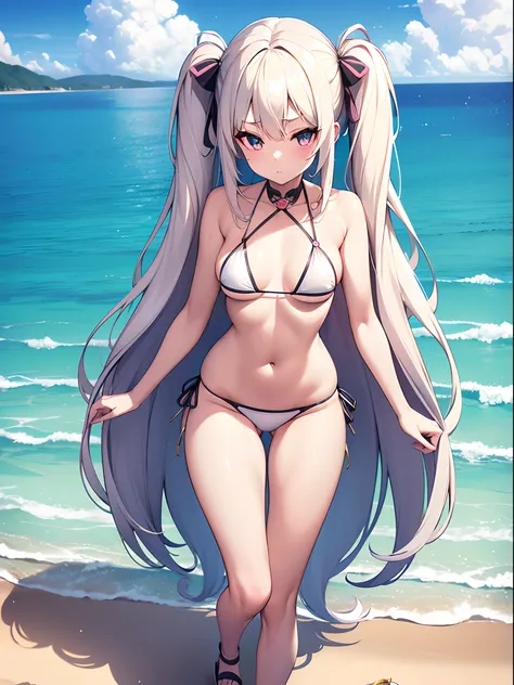 ((Best Quality)), (ultra-detailliert), ((Extremely detailed)), (Beautiful), ((Kawaii Girl)),(two side up hair)、((masutepiece)),Platinum Blonde Hair,Long hair, hair between eye, Wavy Hair, Long sideburns,Jade colored eyes, White skin,Normal Chest,Slender bo...