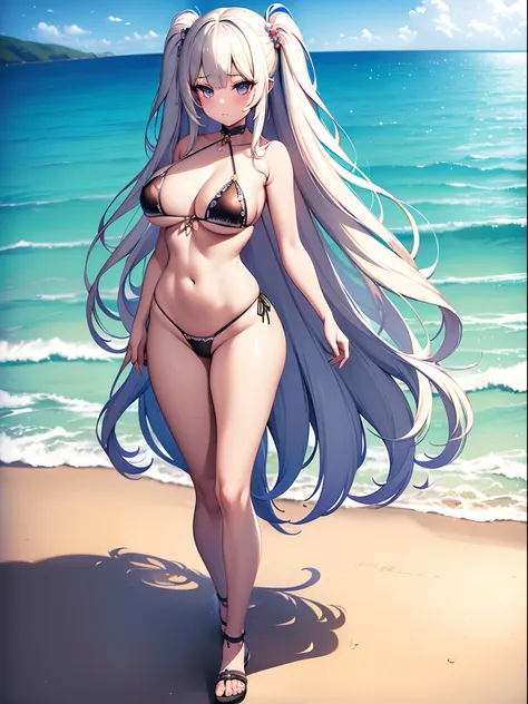 ((Best Quality)), (ultra-detailliert), ((Extremely detailed)), (Beautiful), ((Kawaii Girl)),(two side up hair)、((masutepiece)),Platinum Blonde Hair,Long hair, hair between eye, Wavy Hair, Long sideburns,Jade colored eyes, White skin,Normal Chest,Slender bo...