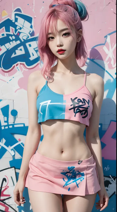 best quality, Clarity, 4k, 8k, detail, actual, Beautiful Girl, Korean makeup, Red lips, pink and blue hair, Perfect body, thigh, Pose dynamically for photos, medium chest, Graffiti crop top, Pink and Blue skirts, graffiti on the body and skin, Solid graffi...