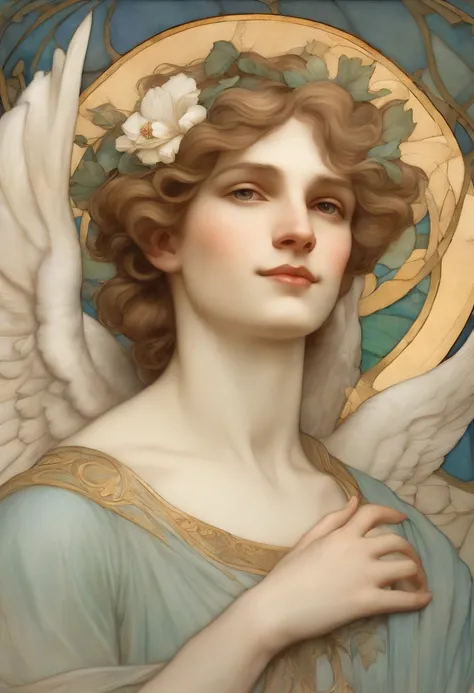 A highly defined super detailed watercolor painting, an angel, male figure, short hair, soft gaze, smile, flower, detailed cover art, with wings, Halo of Holiness, observing, In the style of Alphonse Maria Mucha and Gustave Kilmut, Accents Art Nouveau, Alp...