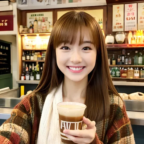 a beauty girl　Amazing smile　White Gal　eyes large　Brown hair　straight haired　japanes　a bar counter　Autumn clothes　selfee　piece sign