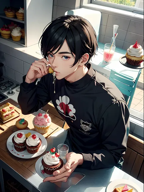 anime man, eats beautiful and delicious cupcakes