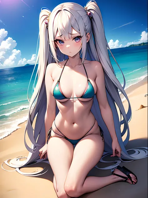 ((Best Quality)), (ultra-detailliert), ((Extremely detailed)), (Beautiful), ((Kawaii Girl)),(two side up hair)、((masutepiece)),Platinum Blonde Hair,Long hair, hair between eye, Wavy Hair, Long sideburns,Jade colored eyes, White skin,Normal Chest,Slender bo...