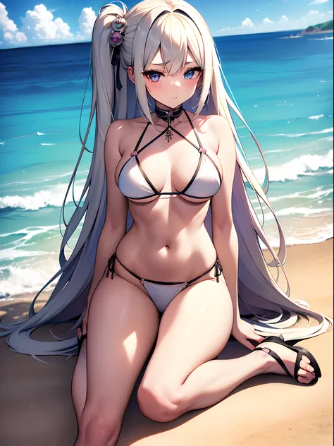 ((Best Quality)), (ultra-detailliert), ((Extremely detailed)), (Beautiful), ((Kawaii Girl)),(two side up hair)、((masutepiece)),Platinum Blonde Hair,Long hair, hair between eye, Wavy Hair, Long sideburns,Jade colored eyes, White skin,Normal Chest,Slender bo...