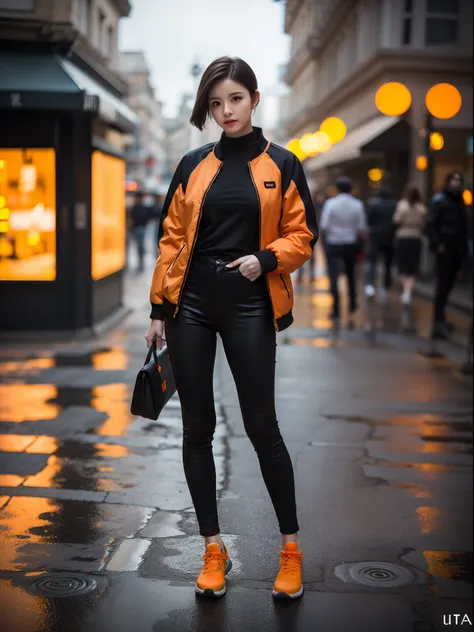 (blurred orange bokeh background, dark and moody orange settings, street photography, full body, orange jacket, dynamic poses) (...