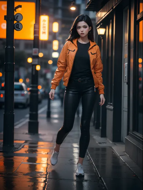 (blurred orange bokeh background, dark and moody orange settings, street photography, full body, orange jacket, dynamic poses) (best quality, ultra-detailed, photorealistic:1.37), HDR, vivid colors, sharp focus, realistic