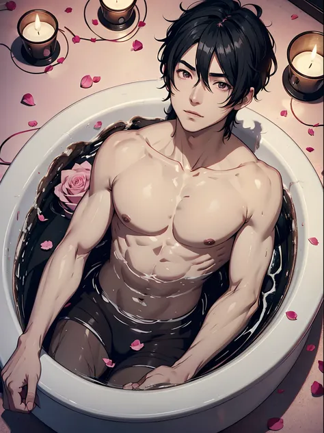 anime man with black hair, candles around, in a bathtube, pink rose petals