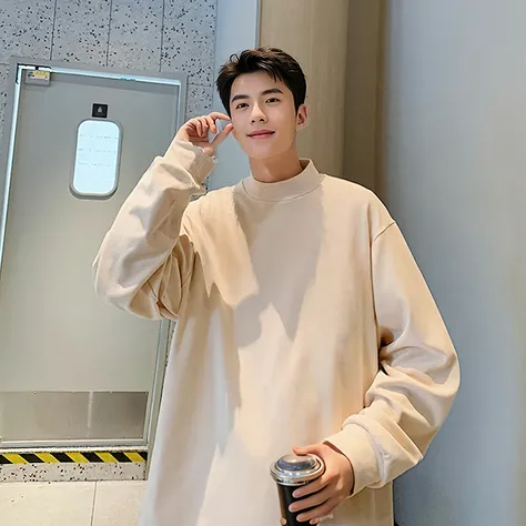 An Araf man in a white sweatshirt holds a cup of coffee, Kim Do-young, he is wearing a brown sweater, Male ulzzang, height of 165cm, 155 cm tall, Long shirt, long orange sweatshirt, instagram post, personal profile picture, 2263539546], Long sleeves, South...