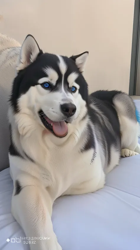 alta qualidade, high resolution, Detalhe extremo, master part, Siberian Husky Dog, deitado, um olho azul e o outro castanho escuro