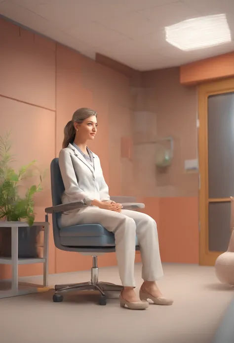 A 30-year-old female patient sits in a chair in an outpatient consultation room