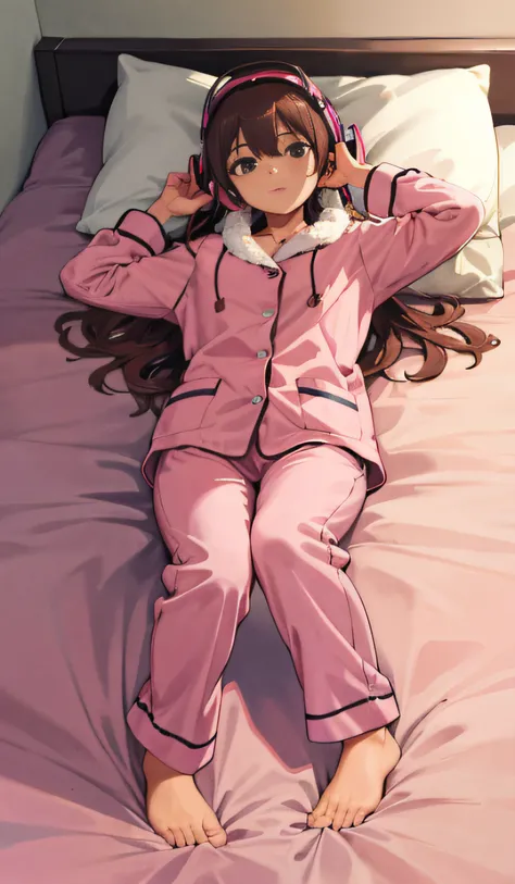 4k, realistic, carismatic, very detail, there is a girl on bed, wearing pink pajama, she is listening to headphone, brown hair, 22 years old, full body